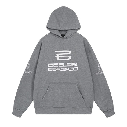 Gradient color printing washed and worn hooded sweatshirt