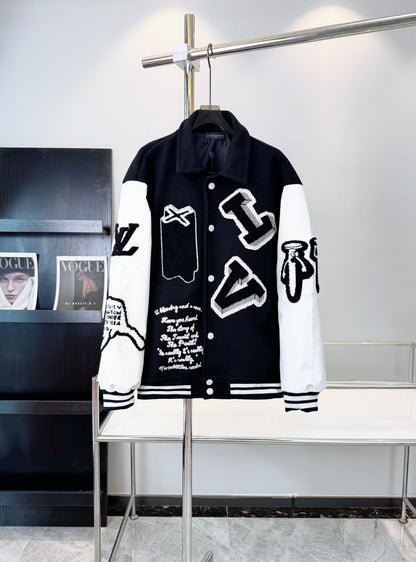 Monogram stitching leather sleeves towel embroidery baseball jacket woolen jacket