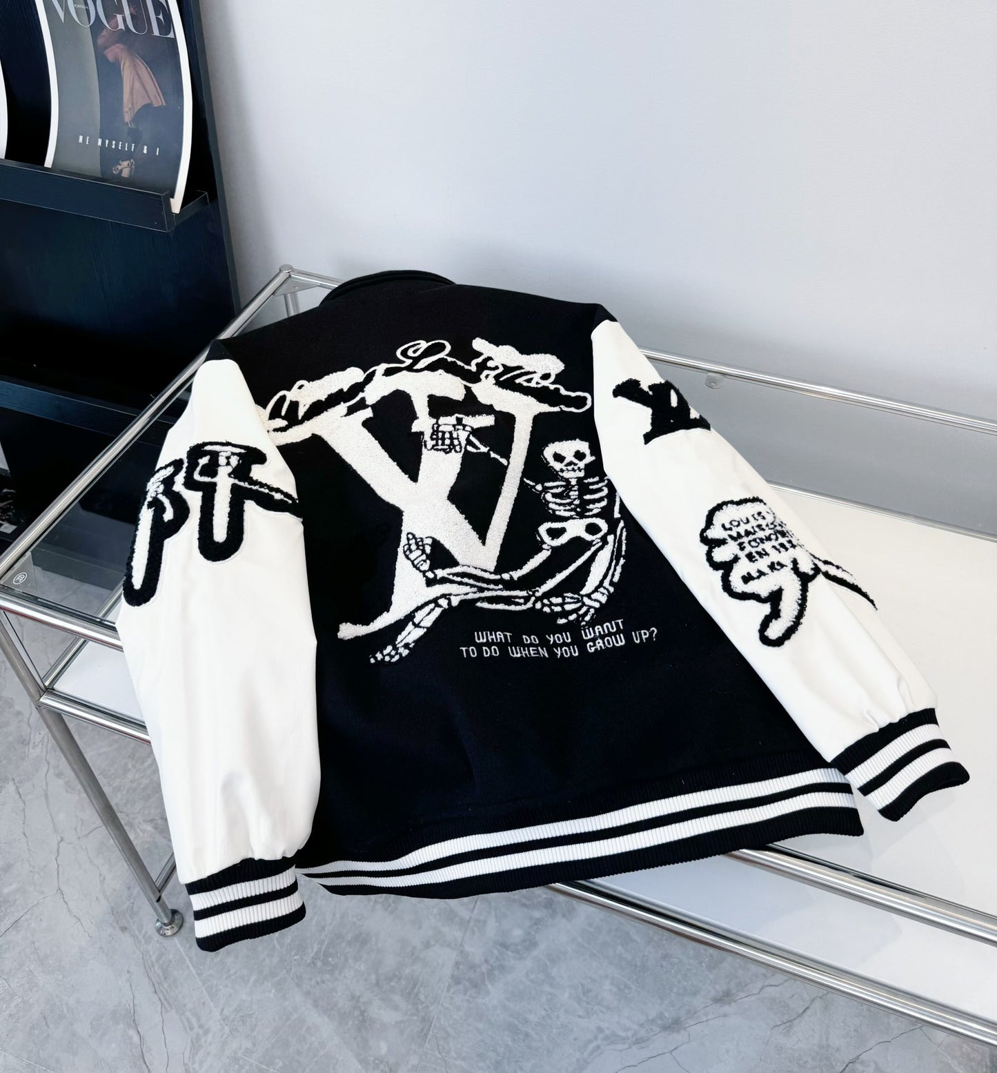 Monogram stitching leather sleeves towel embroidery baseball jacket woolen jacket