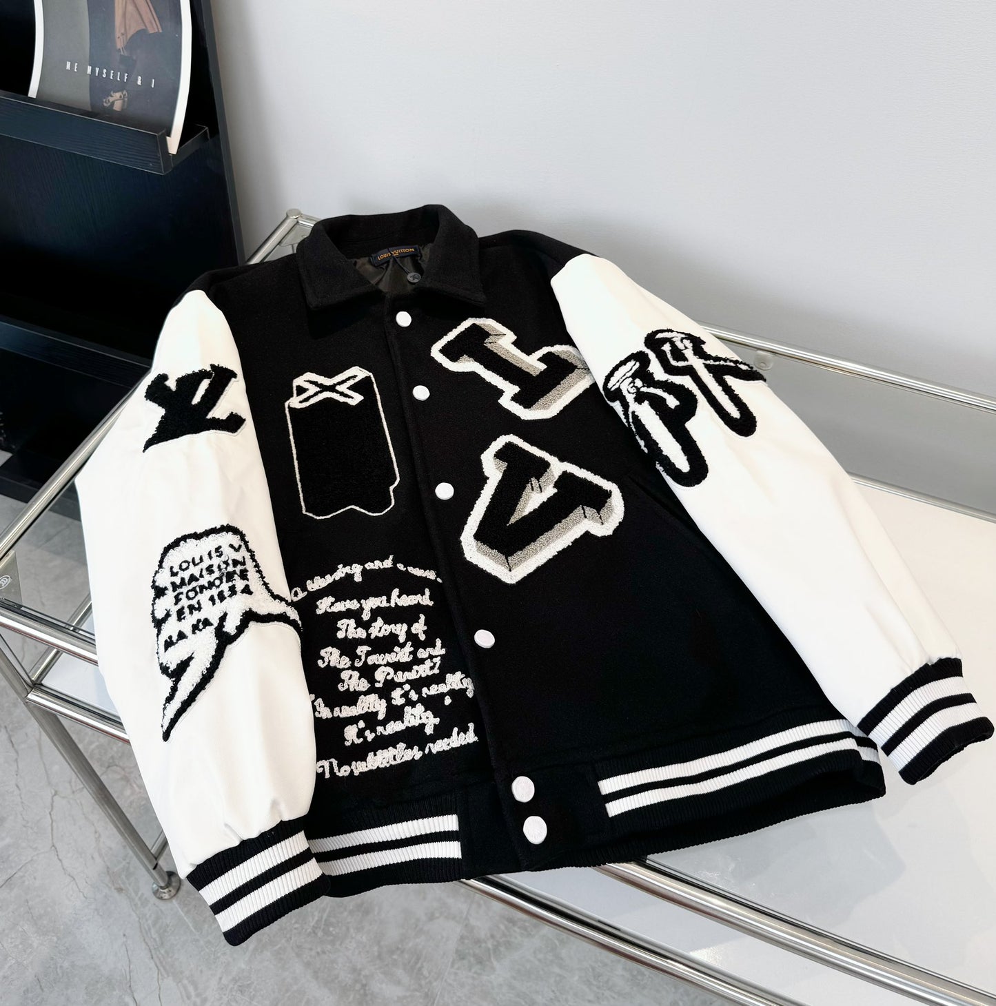 Monogram stitching leather sleeves towel embroidery baseball jacket woolen jacket