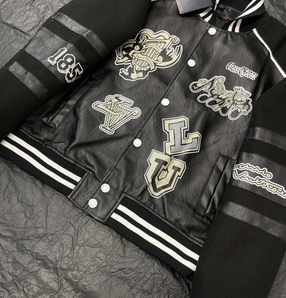 Monogram stitching leather sleeves towel embroidery baseball jacket woolen jacket