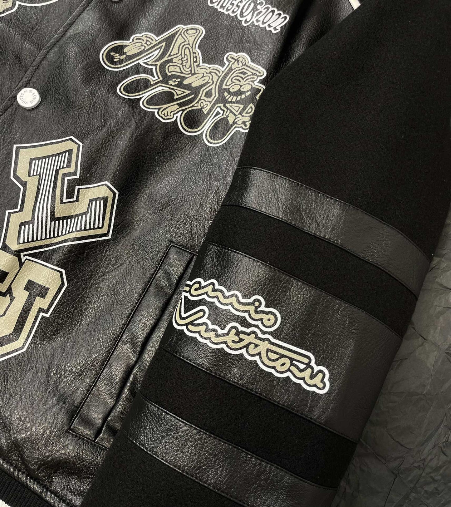 Monogram stitching leather sleeves towel embroidery baseball jacket woolen jacket