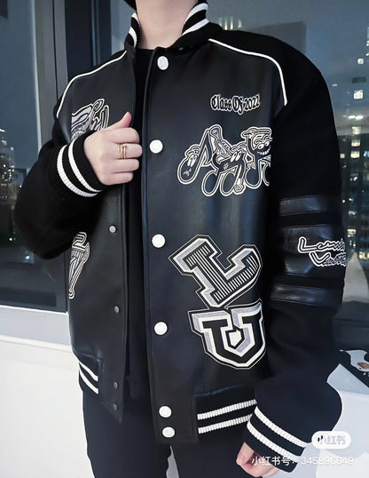 Monogram stitching leather sleeves towel embroidery baseball jacket woolen jacket