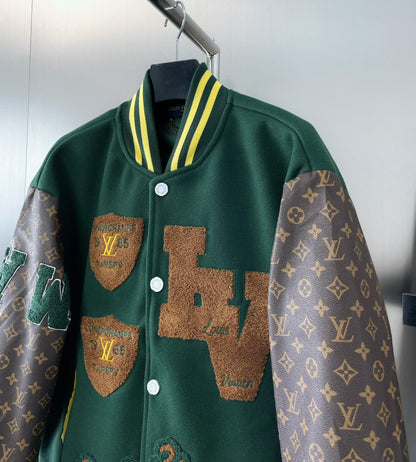 Monogram stitching leather sleeves towel embroidery baseball jacket woolen jacket