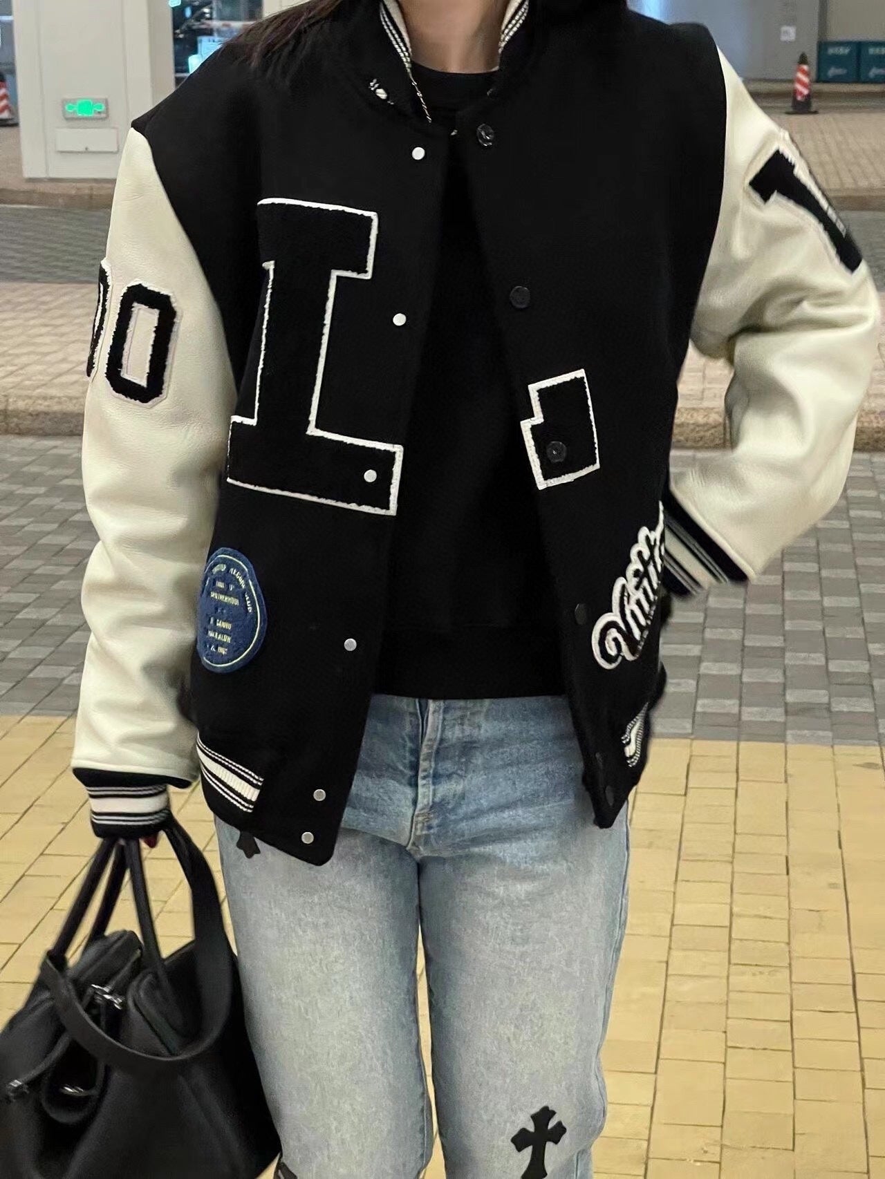 Monogram stitching leather sleeves towel embroidery baseball jacket woolen jacket