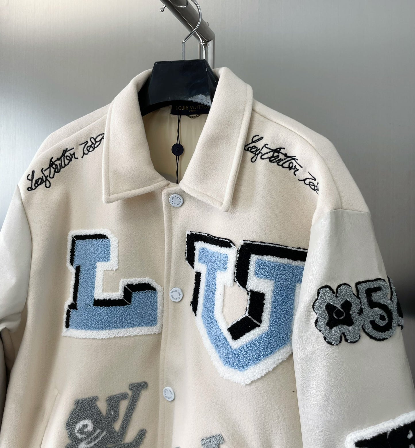 Monogram stitching leather sleeves towel embroidery baseball jacket woolen jacket