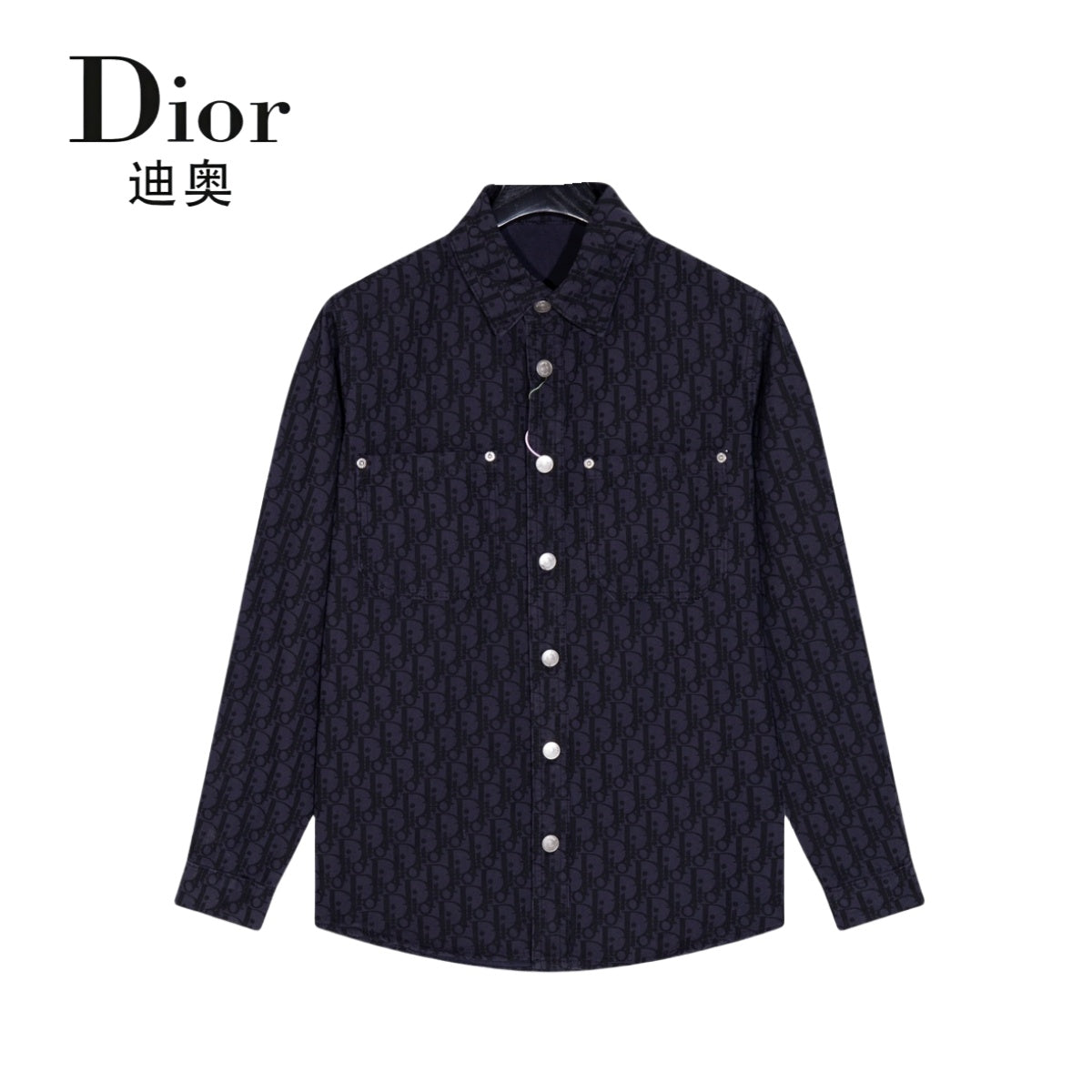 Denim long-sleeved shirt with old flower pattern