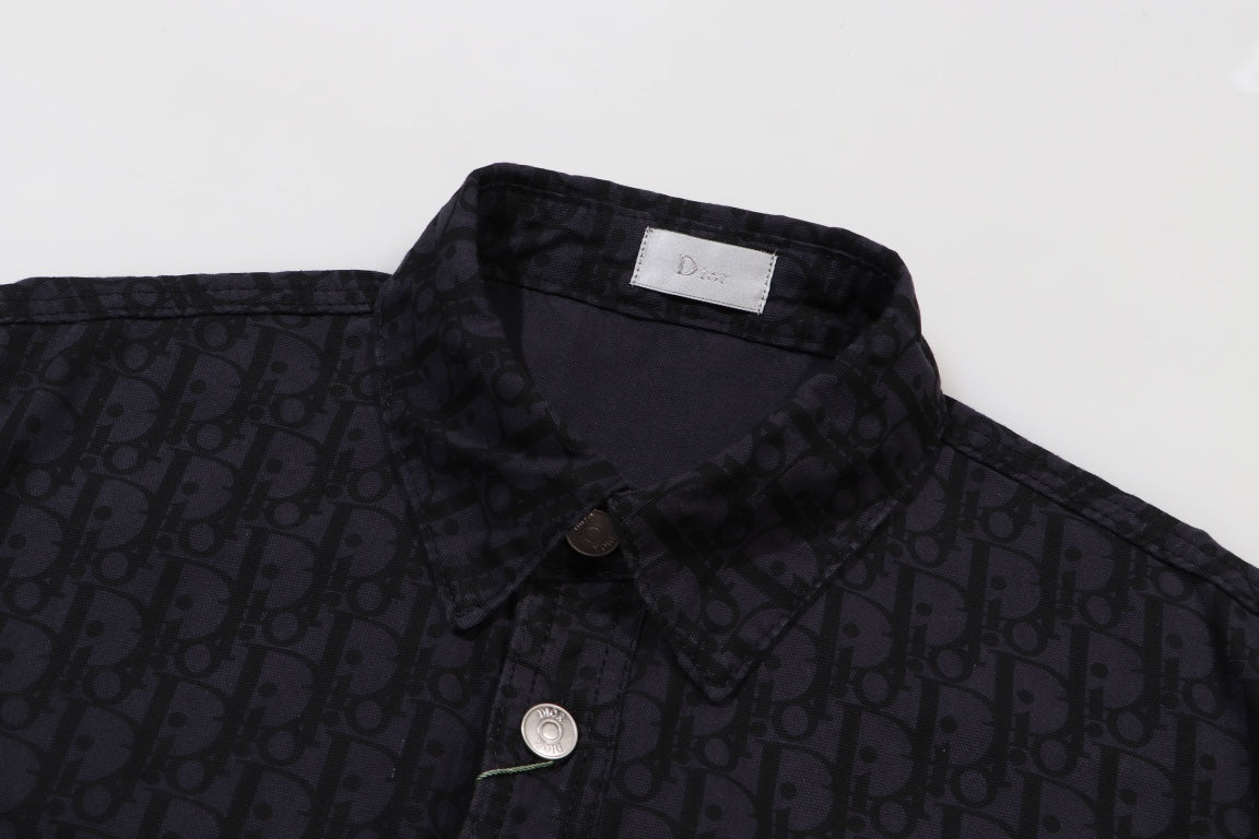 Denim long-sleeved shirt with old flower pattern