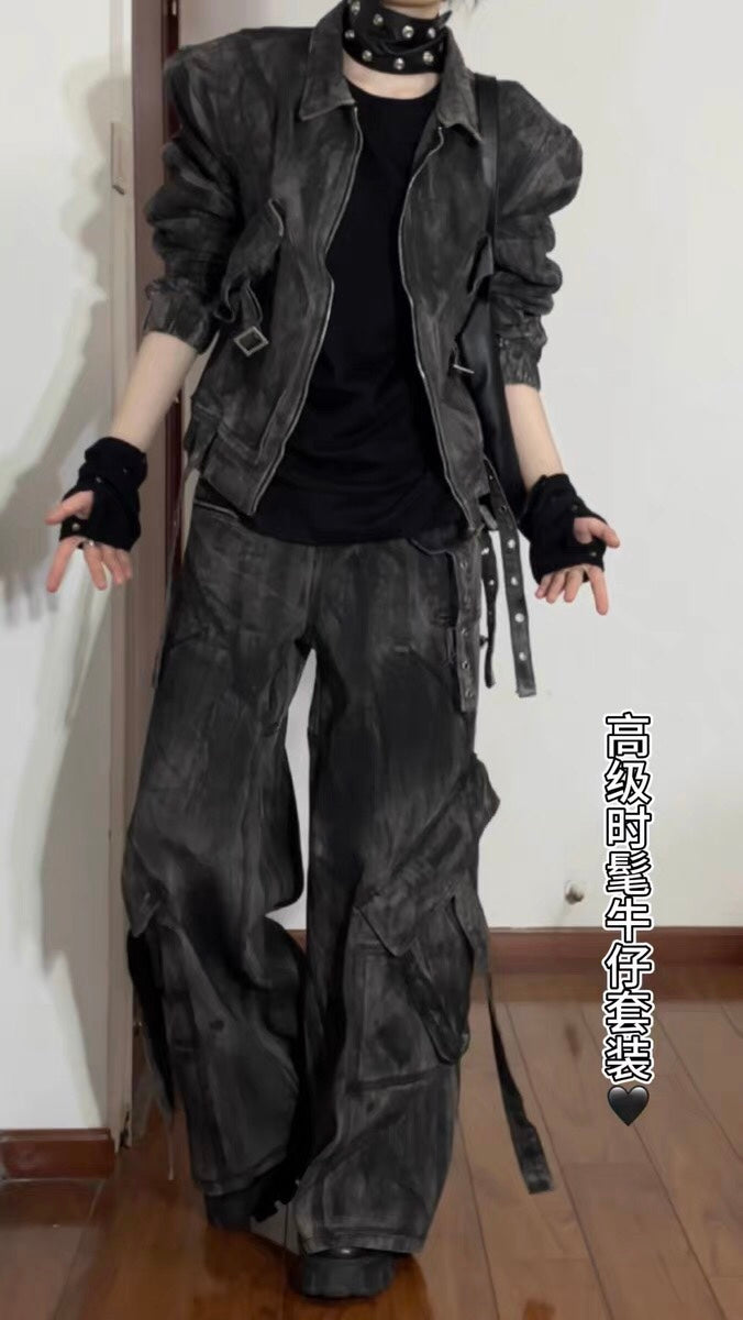 Denim jacket suit trendy and handsome loose wide-leg pants two-piece suit