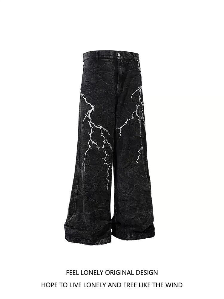 American retro design lightning straight jeans loose hip-hop washed distressed pants