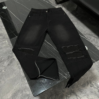 High Quality Zipper Ripped PU Jeans