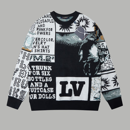 Comic jacquard pattern crew neck pullover