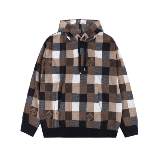 Checkerboard Jacquard Knit Hoodie Sweatshirt