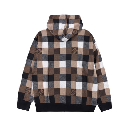 Checkerboard Jacquard Knit Hoodie Sweatshirt