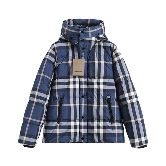 Classic blue check hooded down jacket