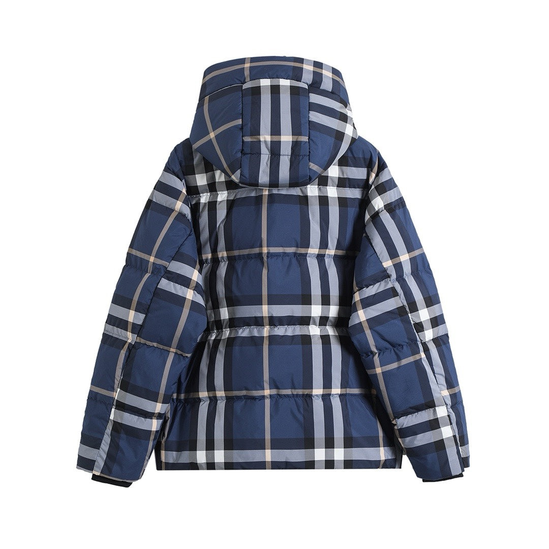 Classic blue check hooded down jacket