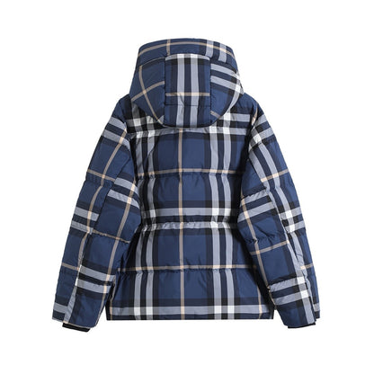 Classic blue check hooded down jacket