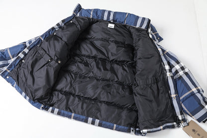 Classic blue check hooded down jacket