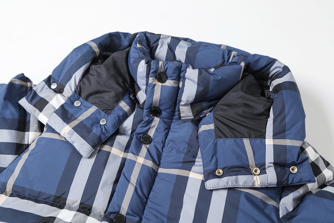 Classic blue check hooded down jacket