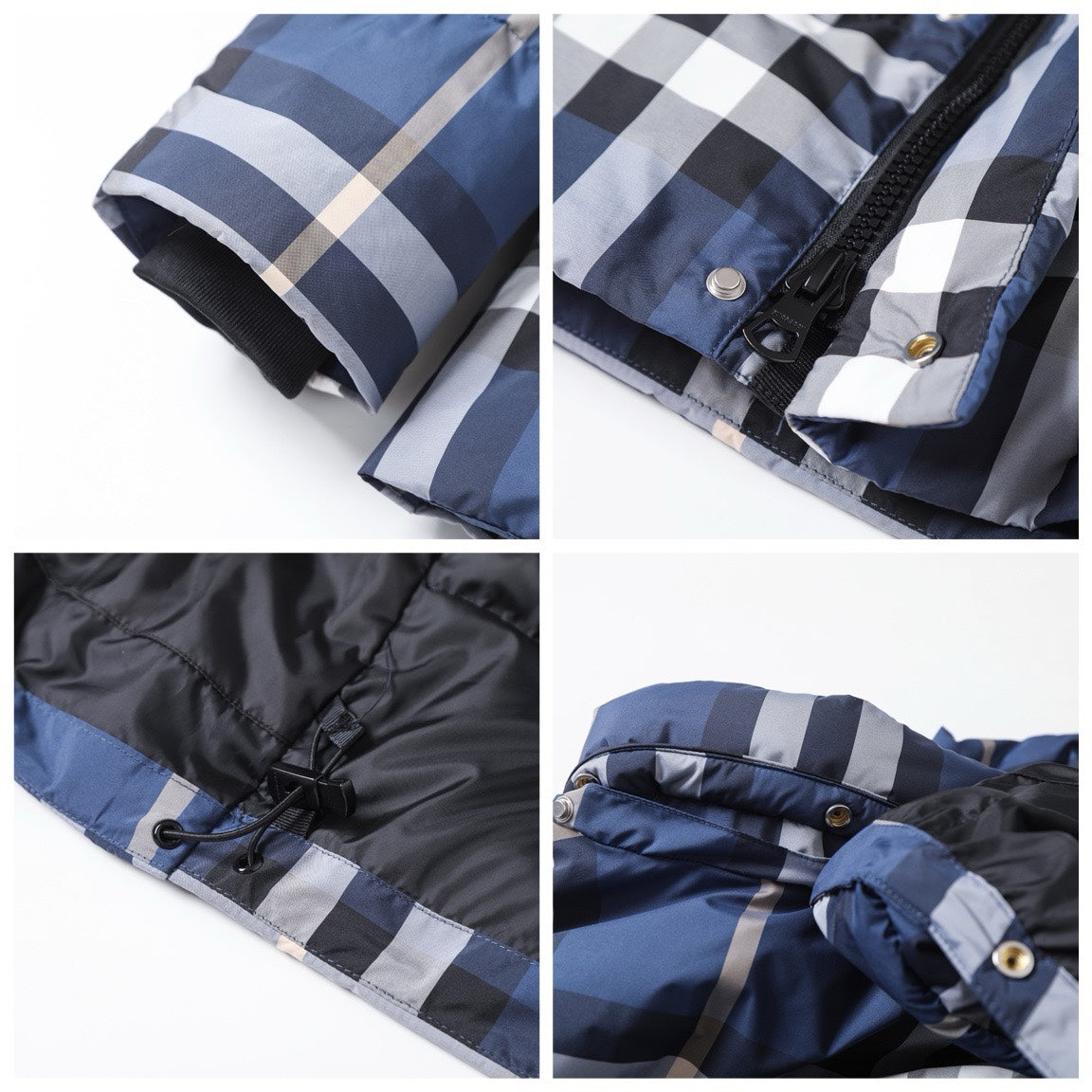 Classic blue check hooded down jacket