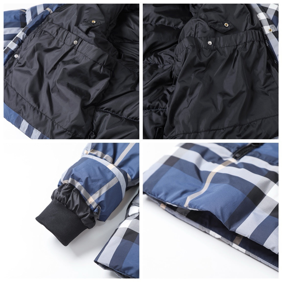 Classic blue check hooded down jacket