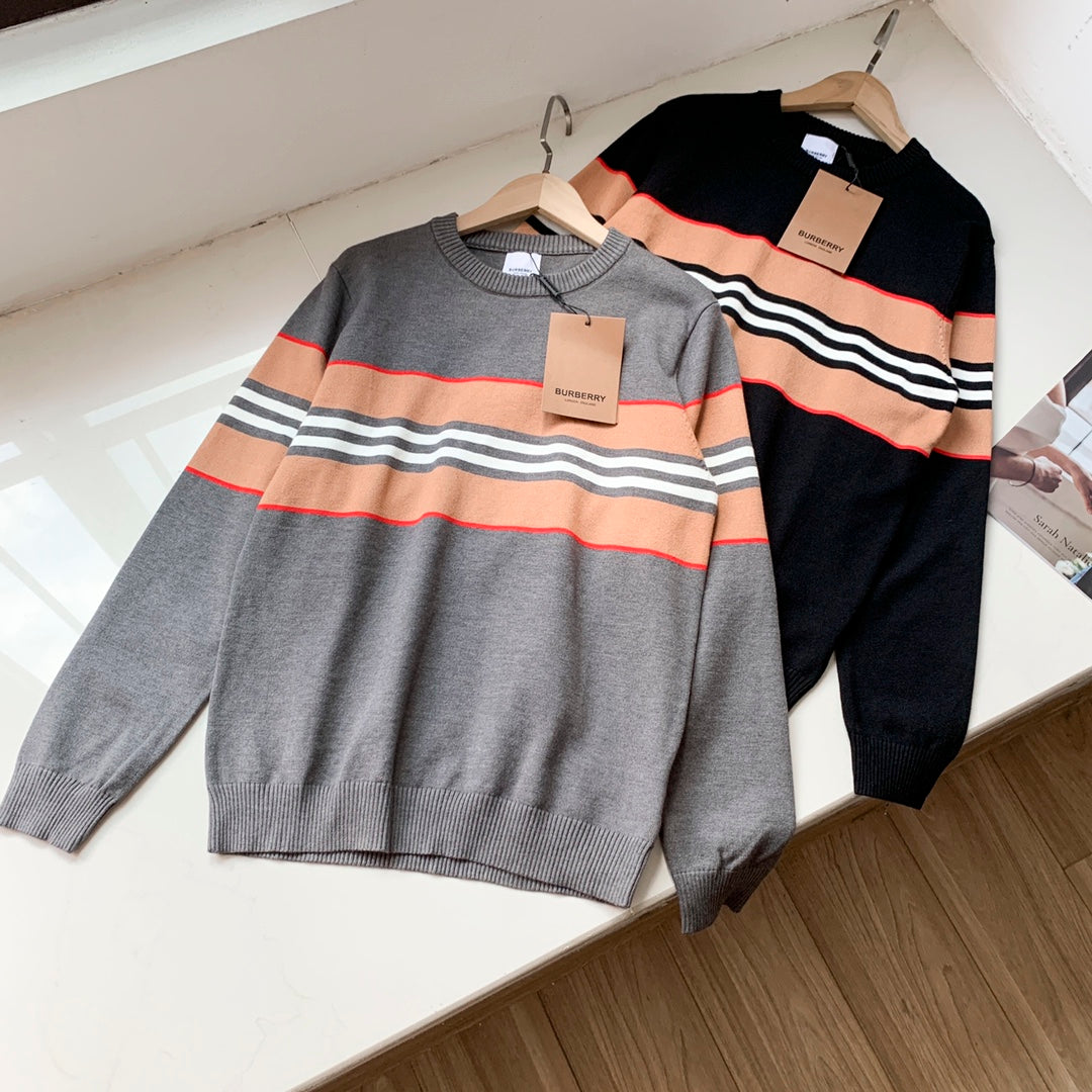 Double-layer jacquard classic evergreen striped round neck pullover long-sleeved sweater sweater