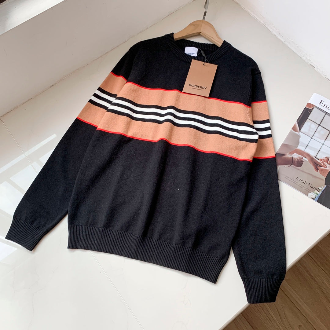 Double-layer jacquard classic evergreen striped round neck pullover long-sleeved sweater sweater