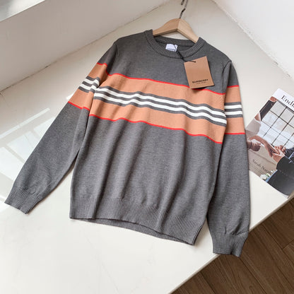 Double-layer jacquard classic evergreen striped round neck pullover long-sleeved sweater sweater