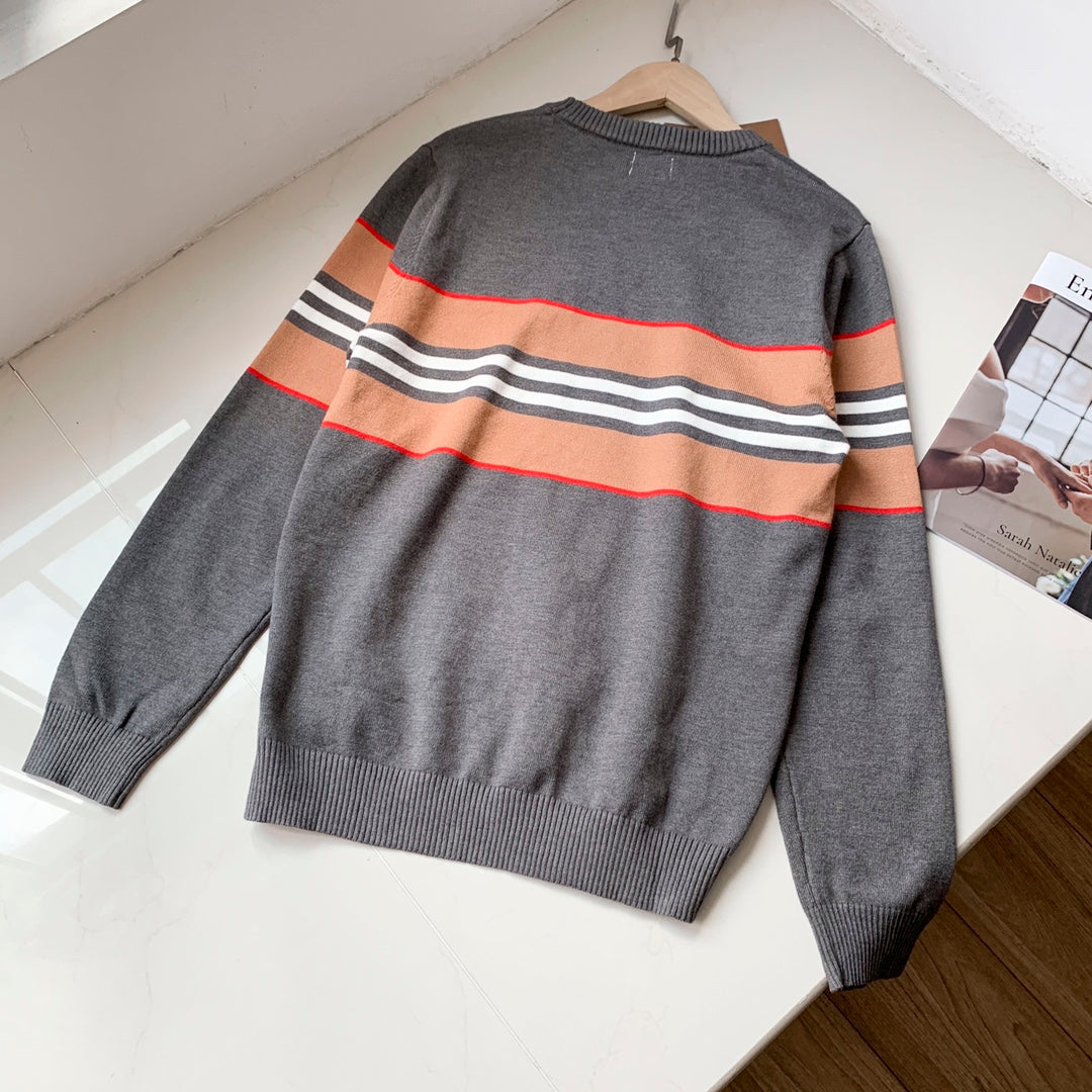 Double-layer jacquard classic evergreen striped round neck pullover long-sleeved sweater sweater