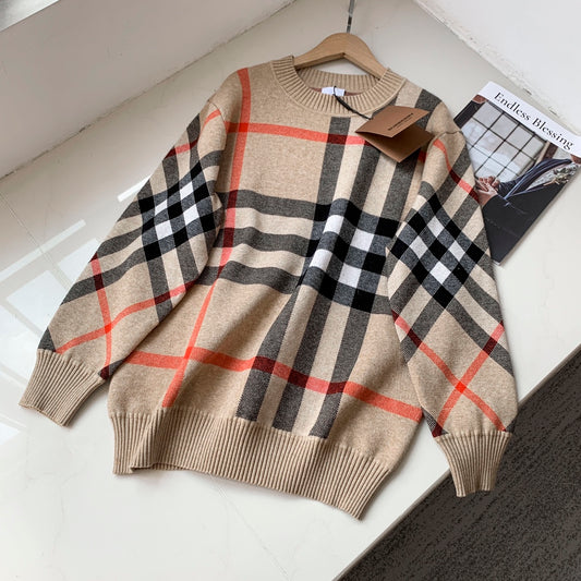 Double-layer jacquard classic evergreen striped plaid round neck pullover long sleeve sweater