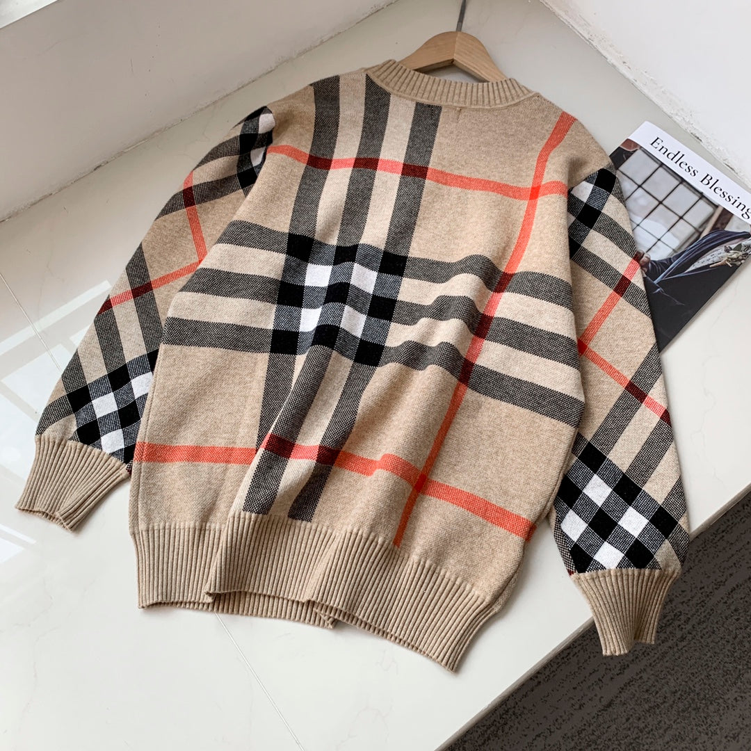 Double-layer jacquard classic evergreen striped plaid round neck pullover long sleeve sweater