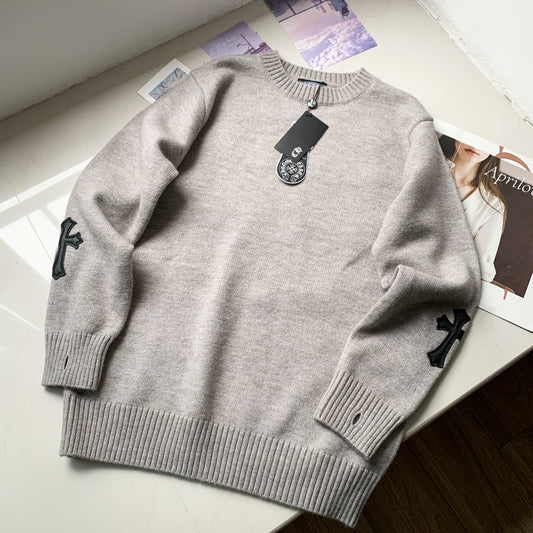 New Cross-knit Jacquard Applique Embroidery Round Neck Pullover Sweater