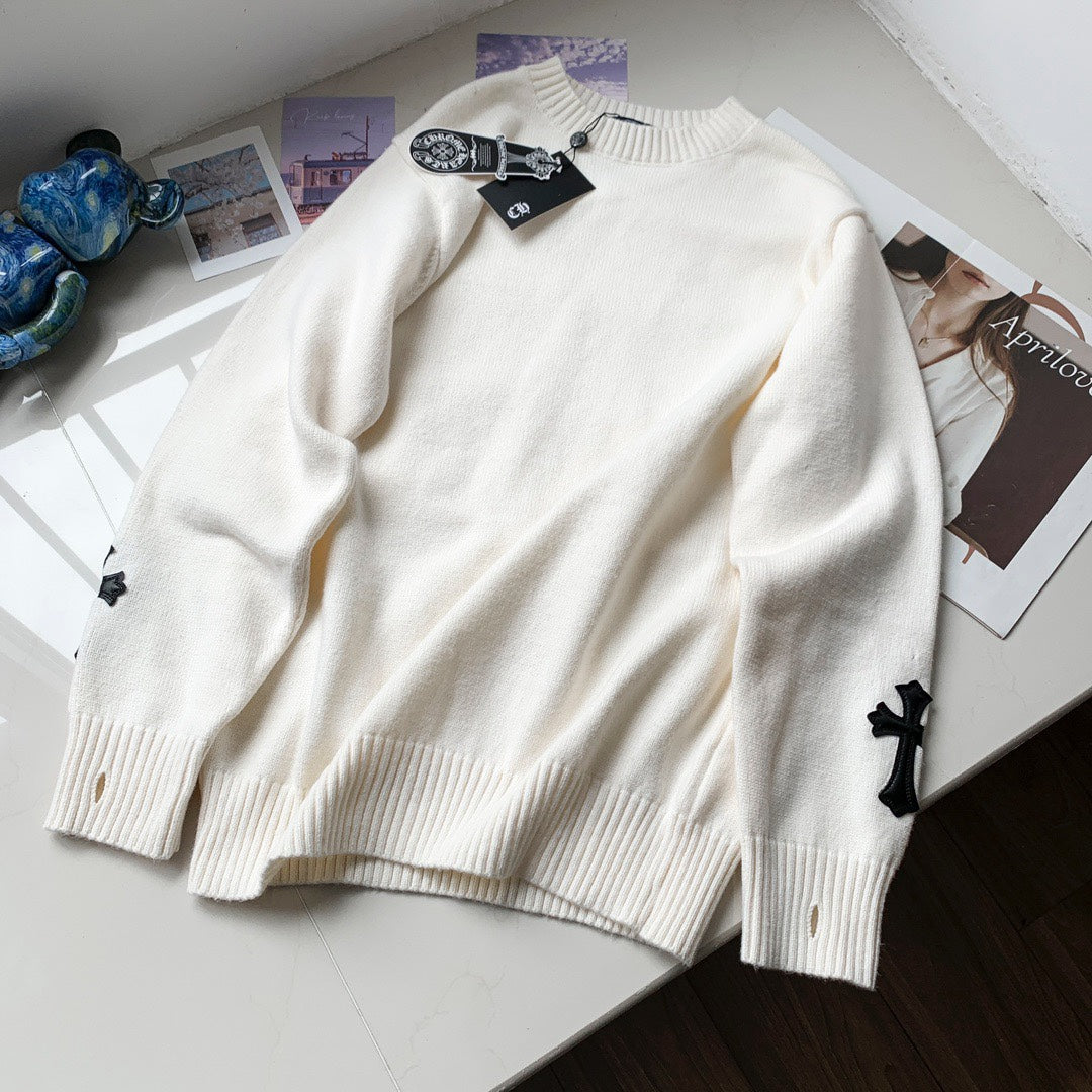 New Cross-knit Jacquard Applique Embroidery Round Neck Pullover Sweater