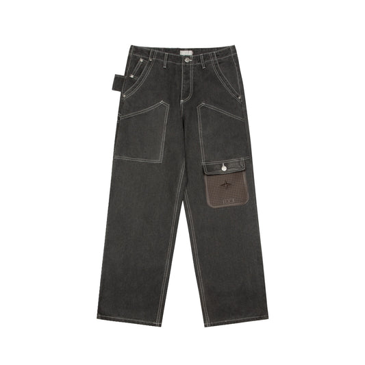 Multi-pocket leather denim trousers