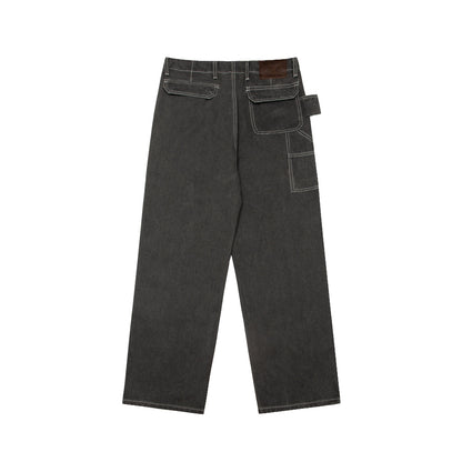 Multi-pocket leather denim trousers