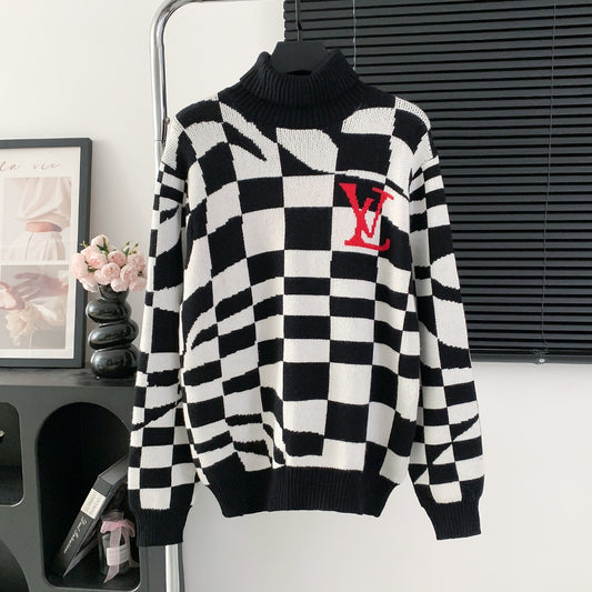 Irregular twisted black and white checkerboard turtleneck sweater