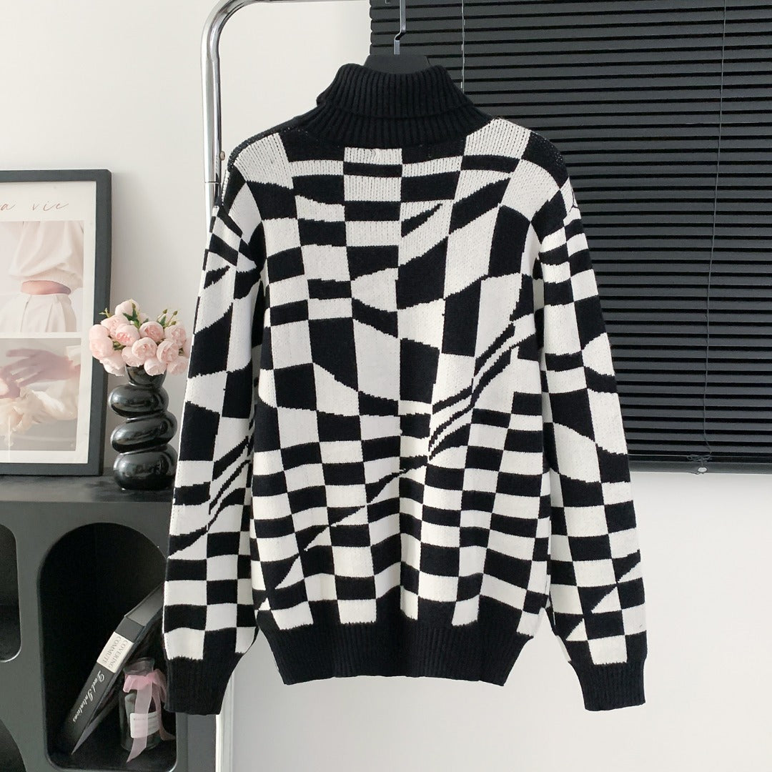 Irregular twisted black and white checkerboard turtleneck sweater