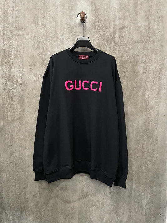 Pink Letter Embroidery Round Neck Long Sleeve Pullover Sweatshirt