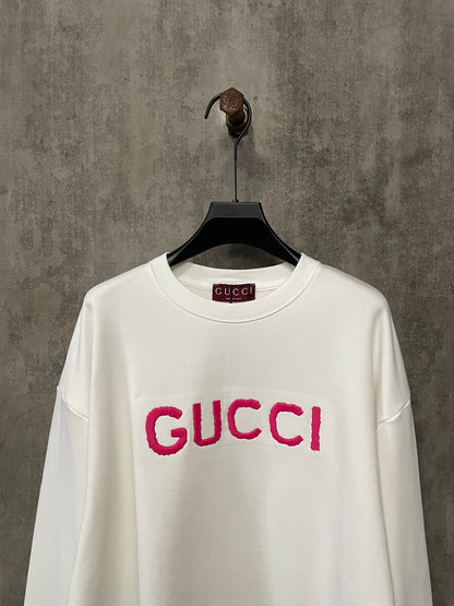 Pink Letter Embroidery Round Neck Long Sleeve Pullover Sweatshirt