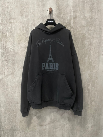 Tower Print Washed Distressed Hoodie