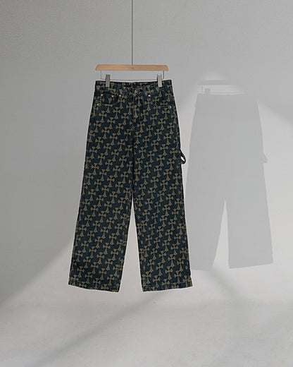 Floral pattern heavy all over printed cross denim trousers