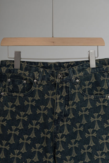 Floral pattern heavy all over printed cross denim trousers