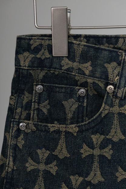 Floral pattern heavy all over printed cross denim trousers