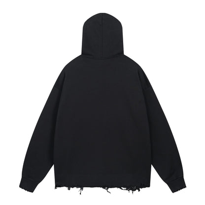 Classic embroidery distressed hooded sweatshirt