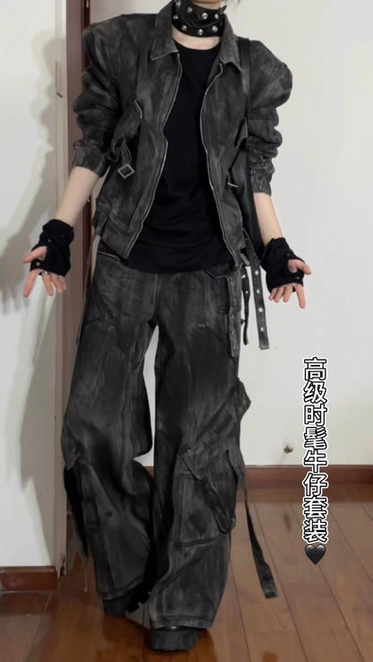 High street washed distressed short denim jacket suit trendy and handsome loose wide-leg pants