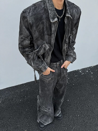 High street washed distressed short denim jacket suit trendy and handsome loose wide-leg pants