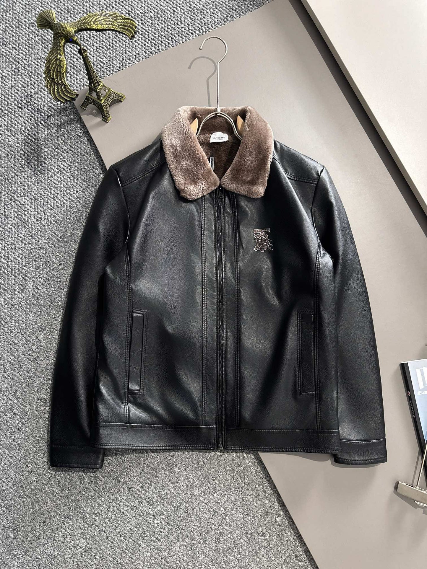 Men's autumn and winter velvet lapel leather jacket