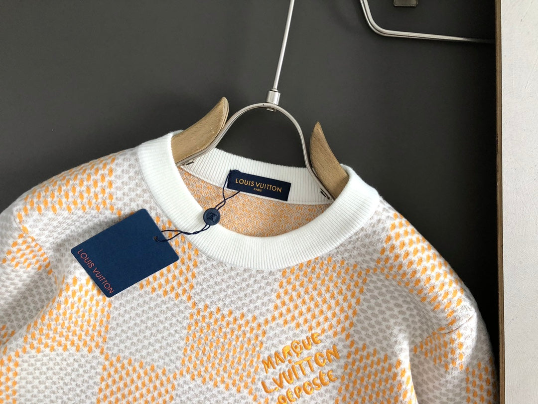 Orange checkerboard embroidered letter jacquard wool sweater